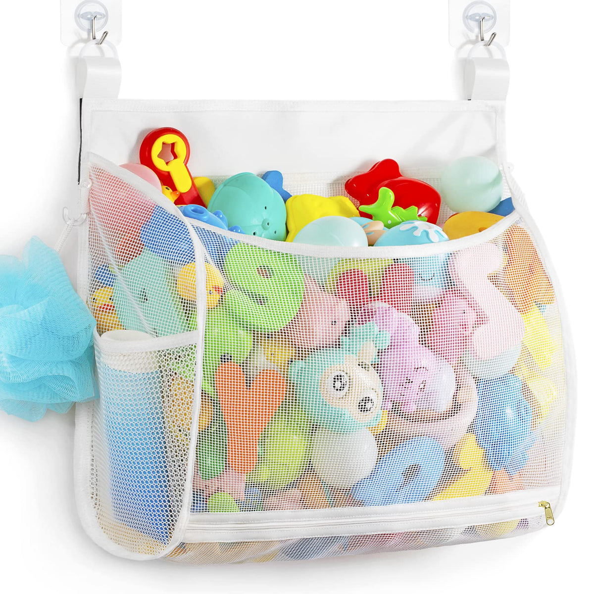 Ligereza Baby Mesh Bath Toy Organizer front view, spacious storage keeps bath toys organized.