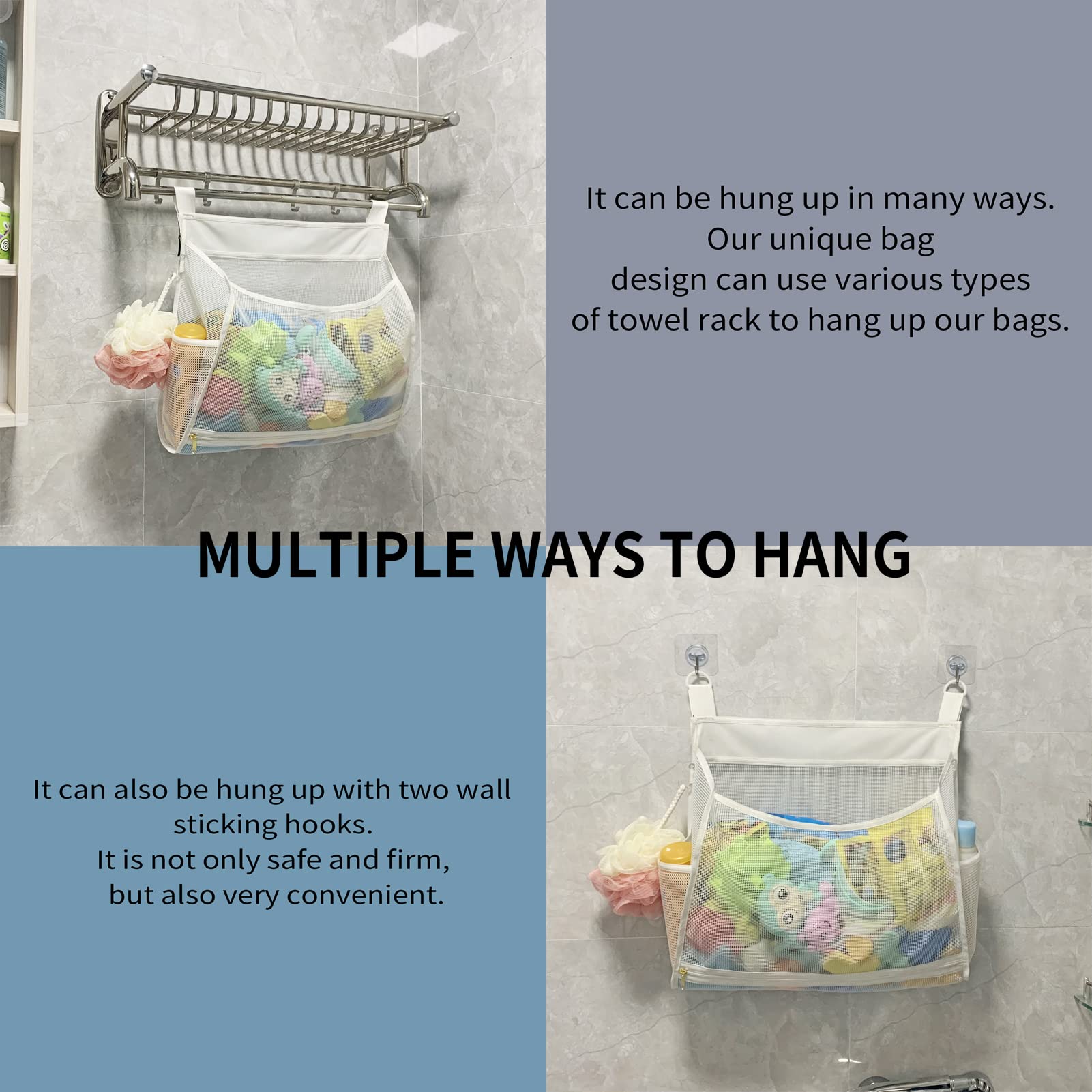 Ligereza Bath Toy Organizer with large opening for easy toy pickup.