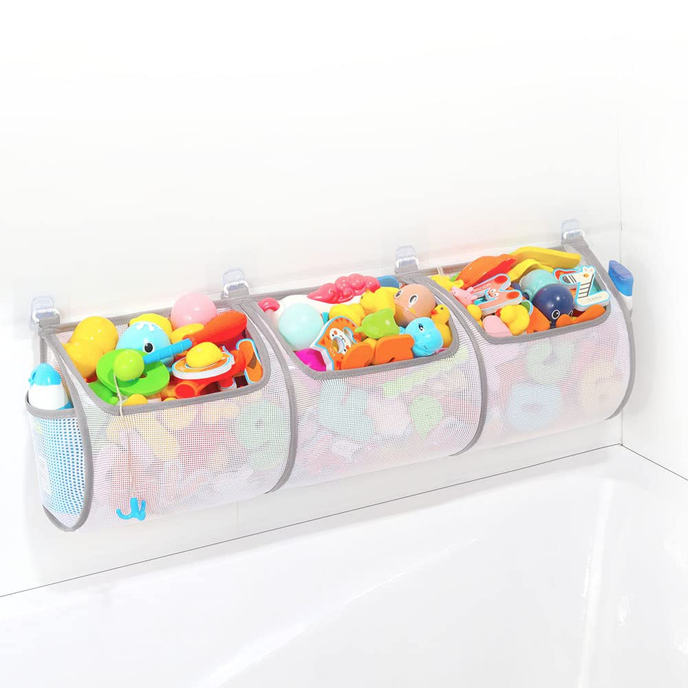 Ligereza Bathtub Toy Holder overview displaying a neat bath setup with organized toys