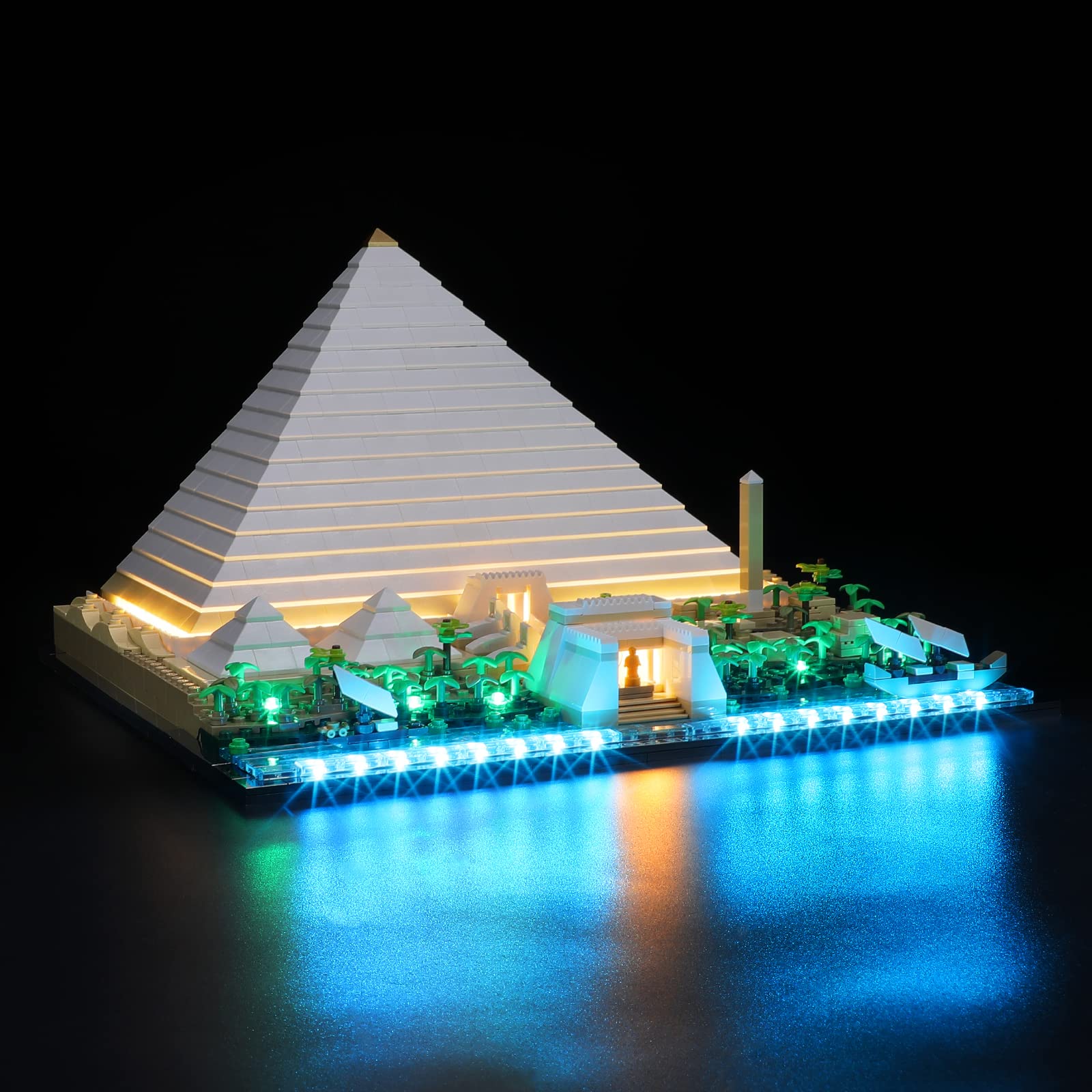 Lightailing pyramid 21058 battery box powers portable lighting for LEGO display.