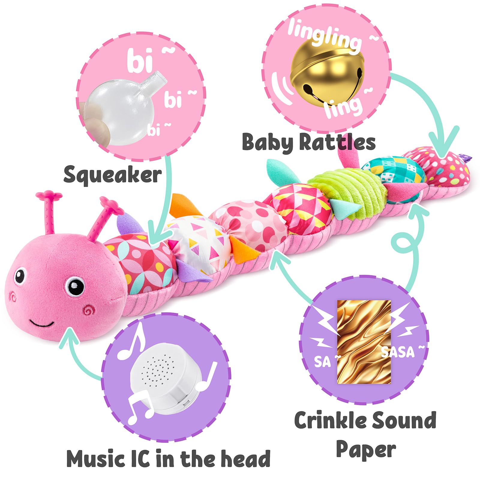 LightDESIRE caterpillar rattle engages baby's hearing during tummy time.