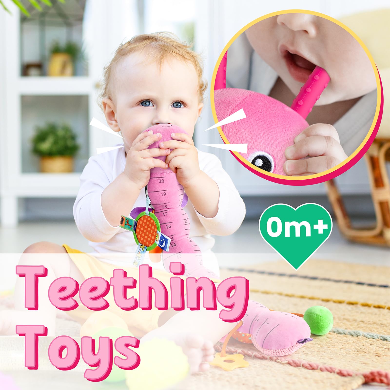 LIGHTDESIRE caterpillar antenna teether soothes gums during teething-like exploration.