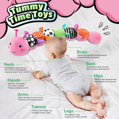 LIGHTDESIRE caterpillar tummy time ruler on belly for growth tracking.