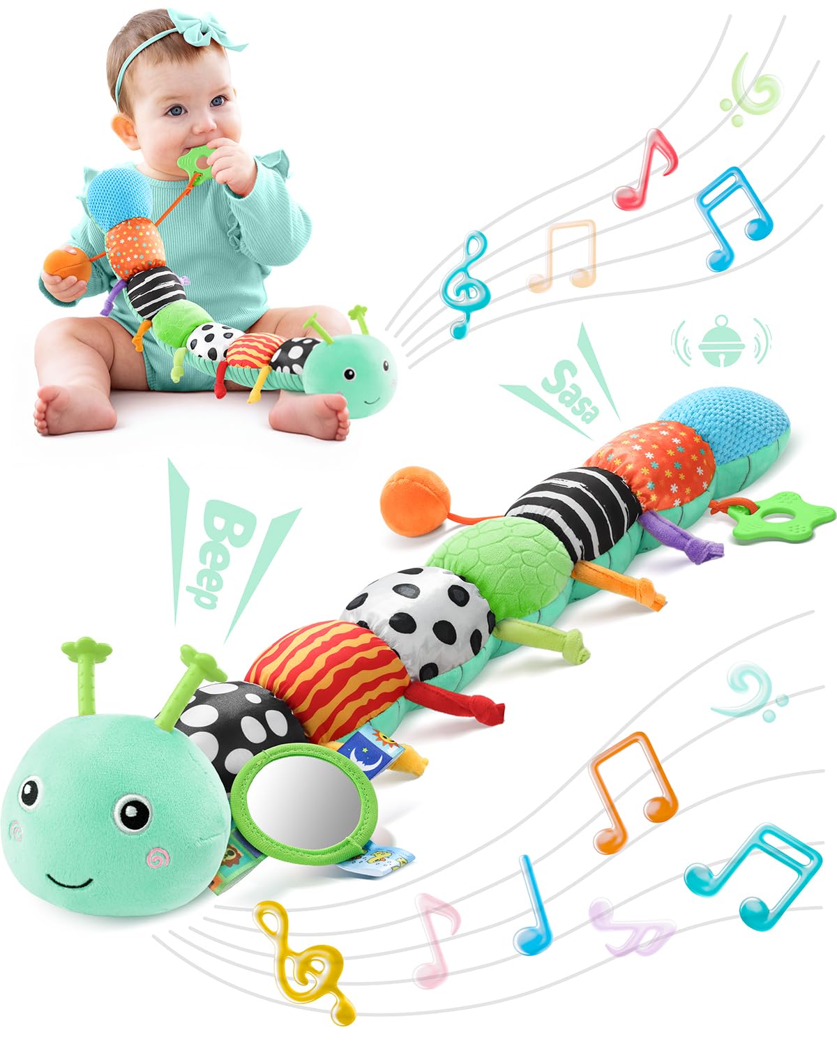 LIGHTDESIRE musical caterpillar head provides calming melodies for tummy time