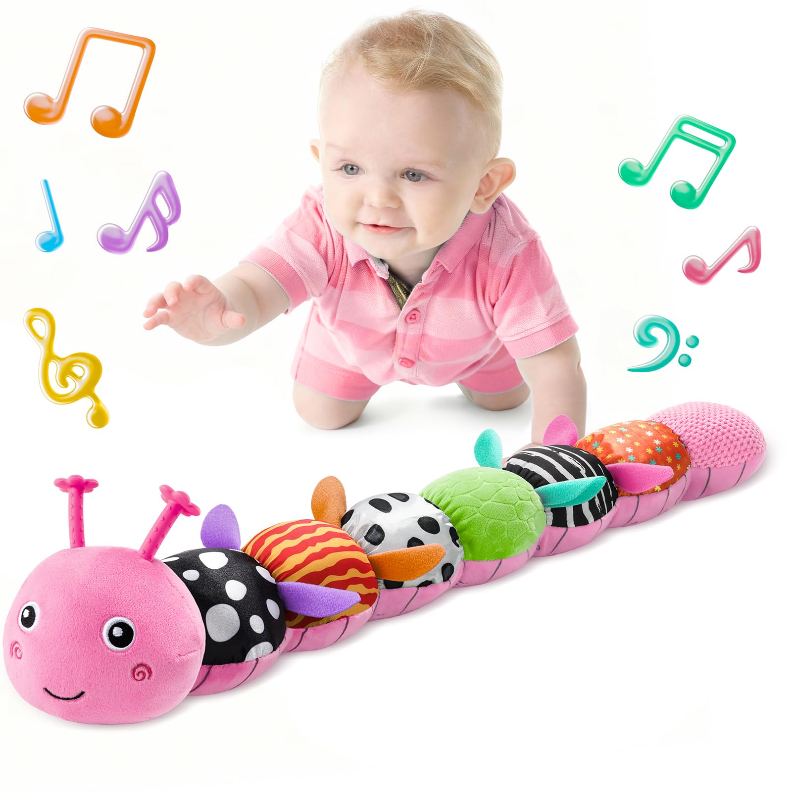 LIGHTDESIRE musical caterpillar pink, soothing infant toy for tummy time and exploration.