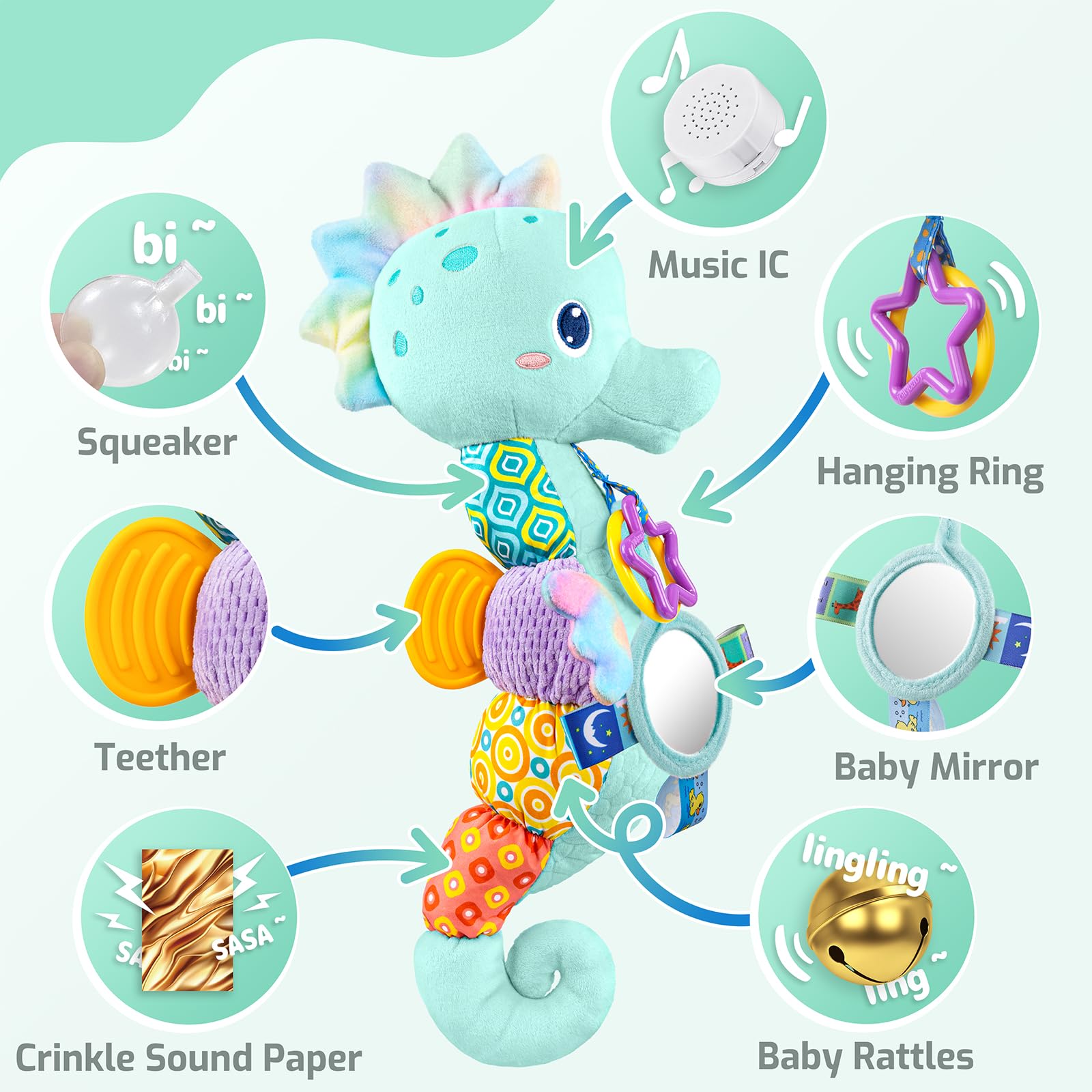 LIGHTDESIRE plush seahorse rattle for fine motor play and sound
