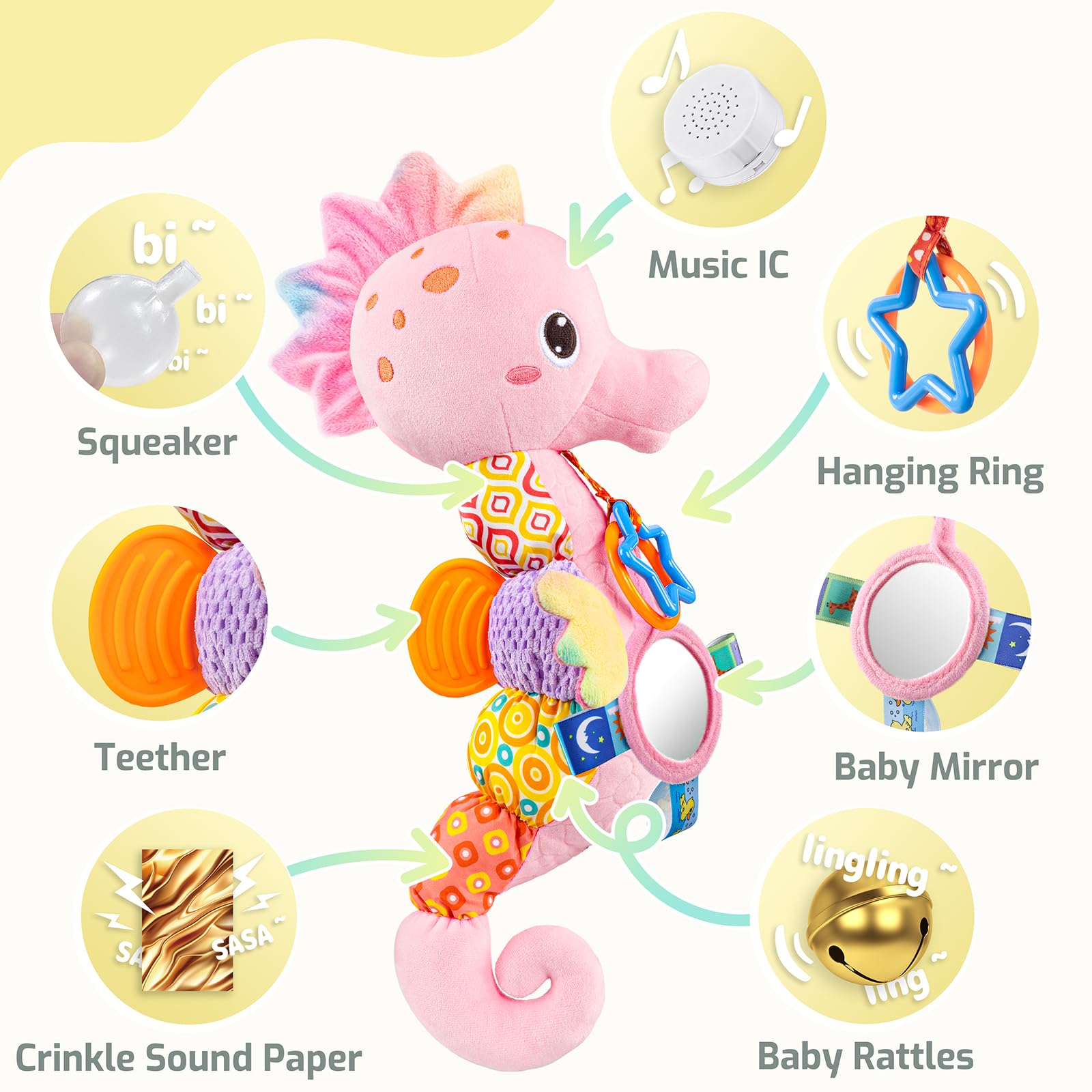LightDESIRE seahorse rattle provides gentle sounds for development