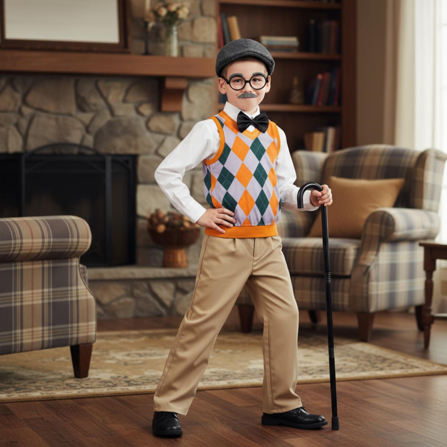 Liitrsh old-man costume pants, sturdy plaid bottoms for kids' dress-up and themed events.
