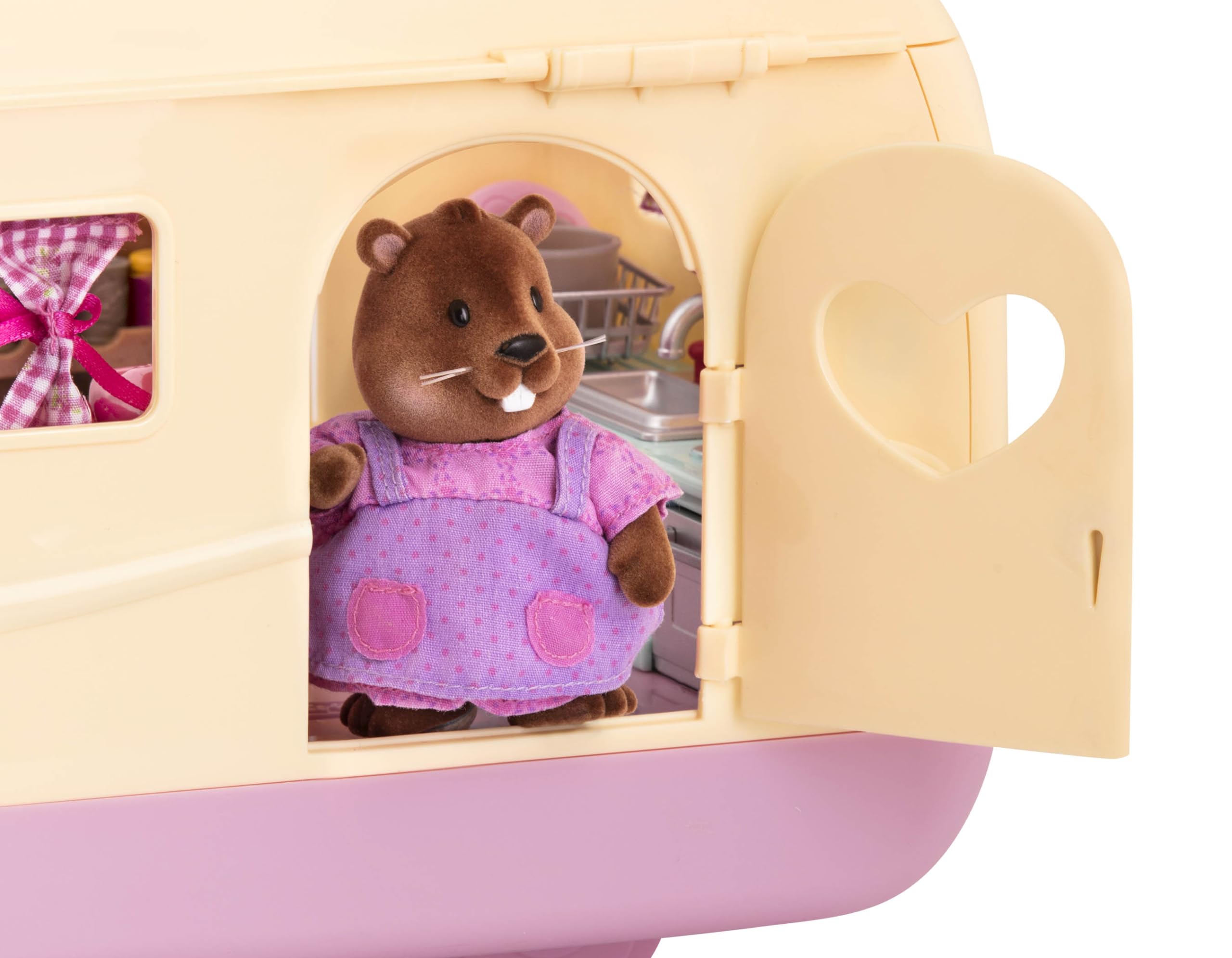 Pastel pink design enhances a cheerful camping scene