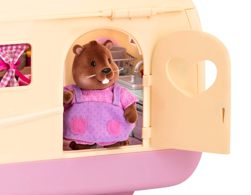 Pastel pink design enhances a cheerful camping scene