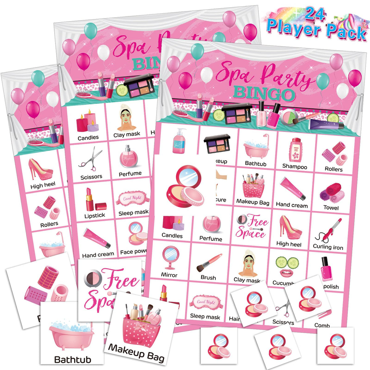 Liliful spa party bingo card set with 24 unique patterns for group play