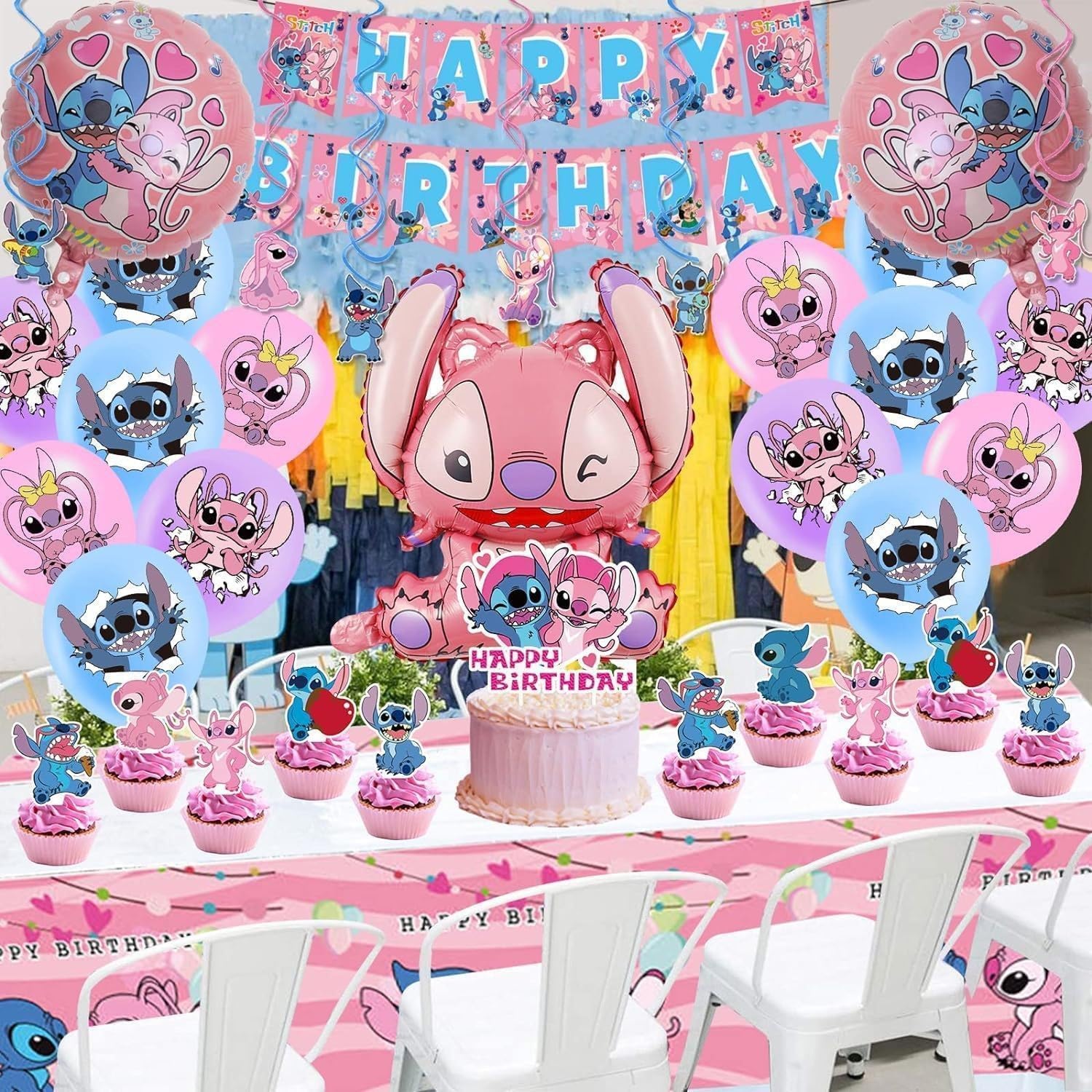 Lilo and Stitch hanging swirls create movement above the party table