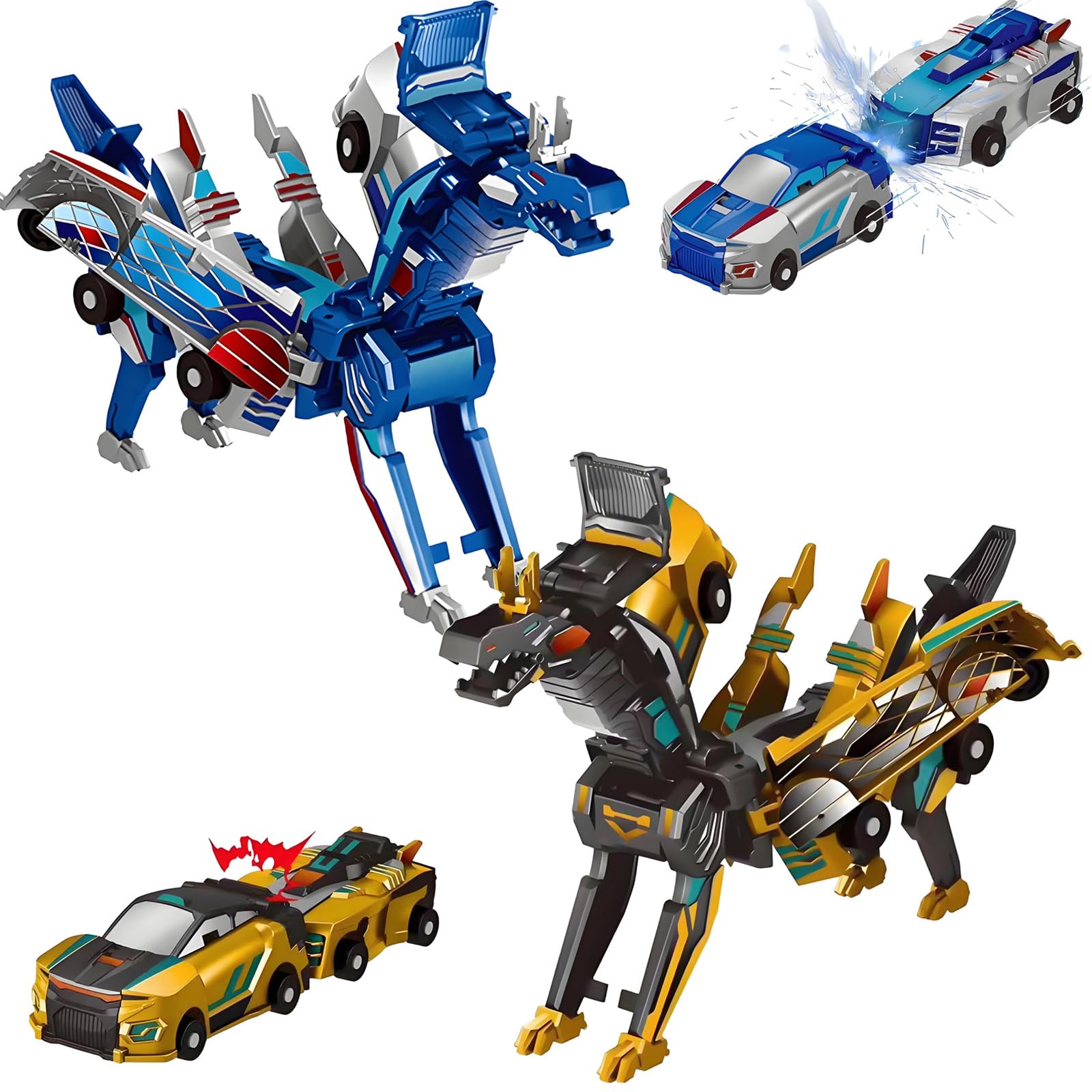 Liluwushe 2-in-1 dinosaur car transformation shown during magnetic merge for play.