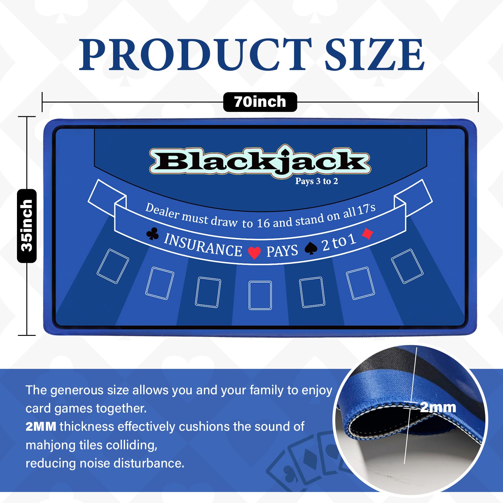 LILXIU poker mat shows 70x35-inch size to fit most tables.