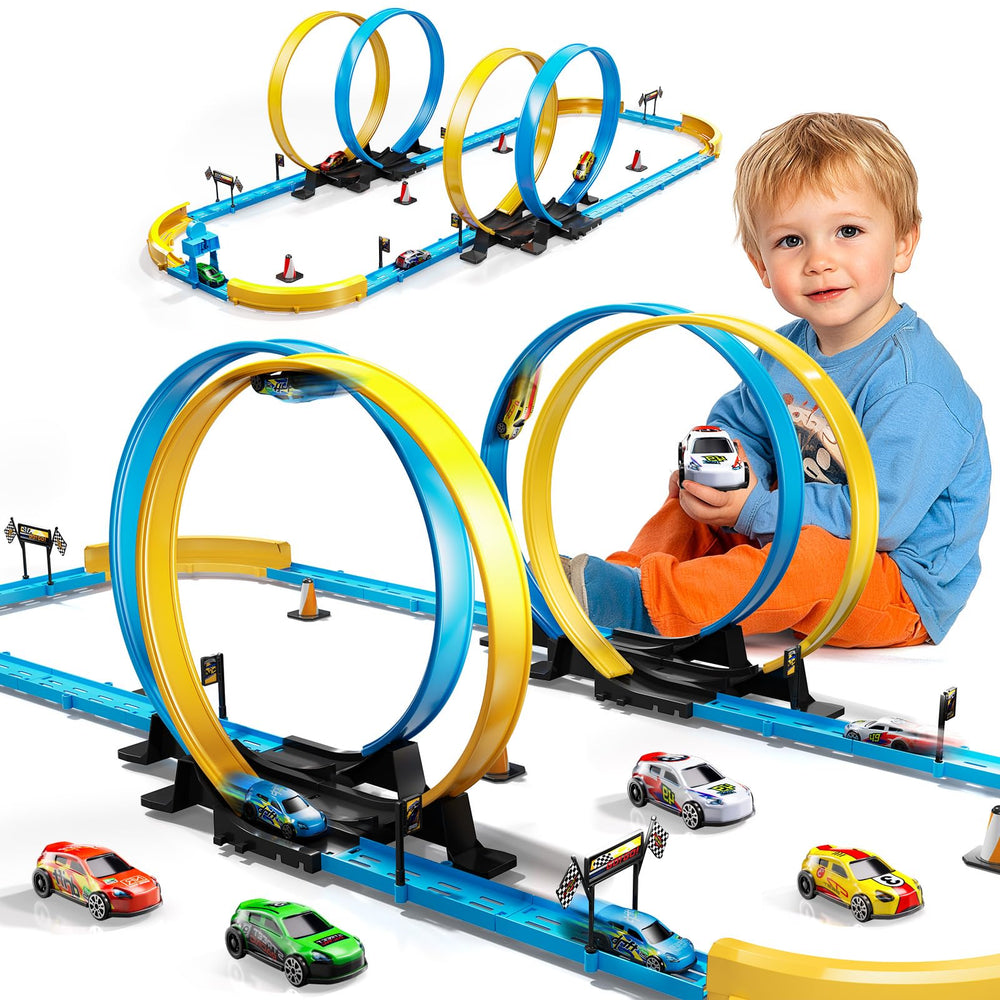 LILYBUDS toy car race track set with long modular track pieces for extended play.