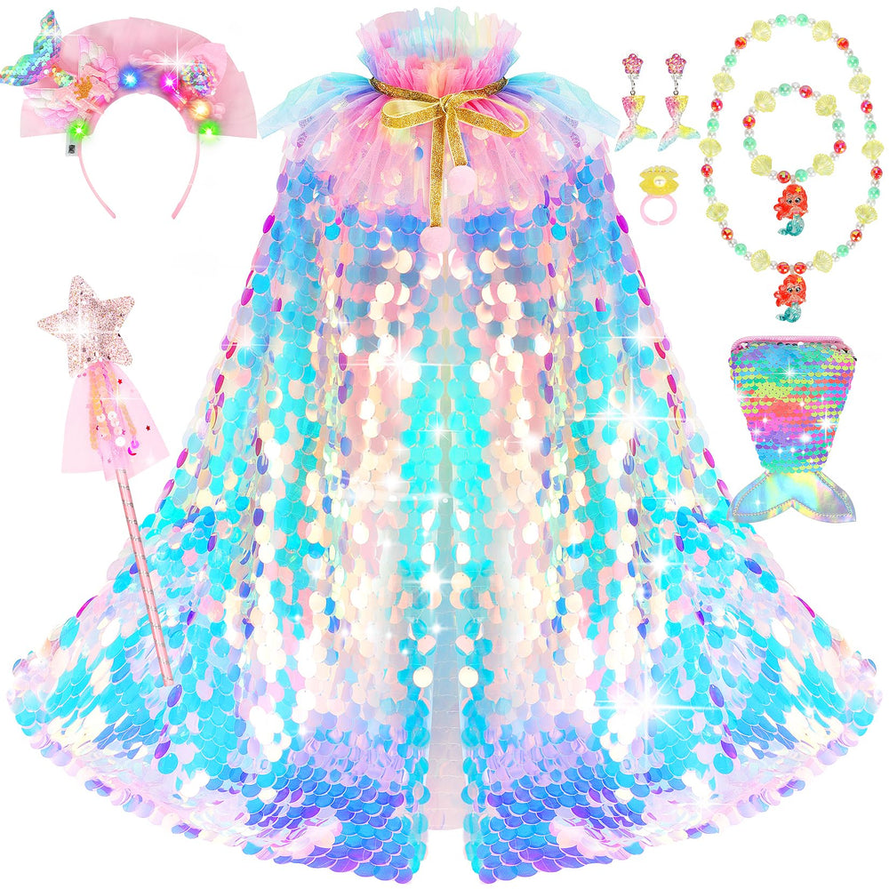 LIMIROLER princess dress up cape close-up with shimmering sequin scales for imaginative play