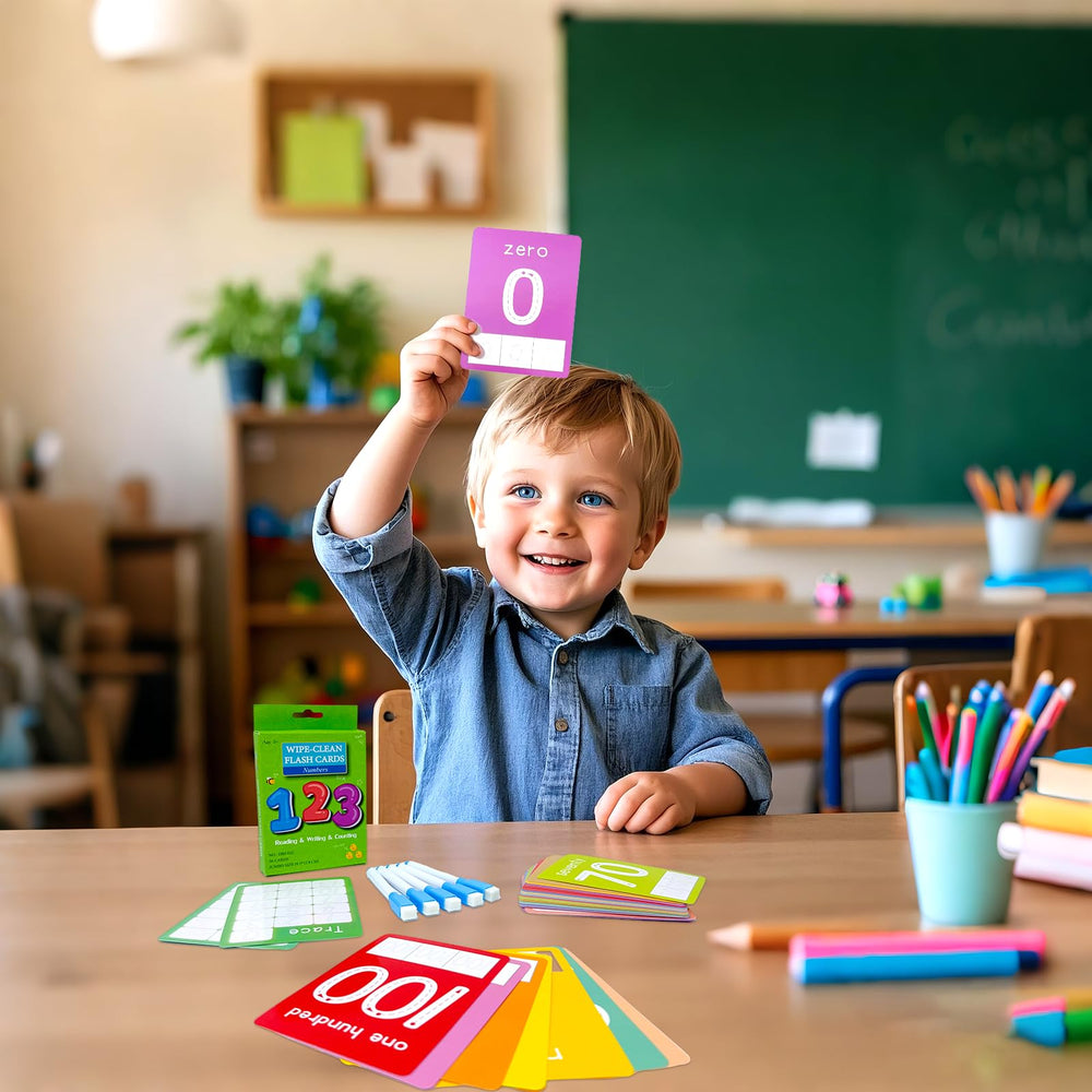 Limque double-sided flashcards pair numbers with quantity pictures.