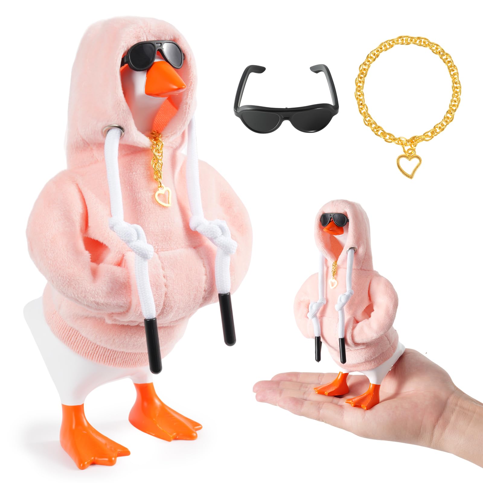 Linastu 7-inch desk goose outfit pink hoodie close-up, adds cute styling to the statue