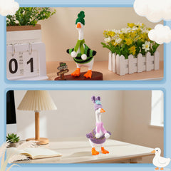 Linastu desk goose pose-ready display featuring complete holiday outfits.