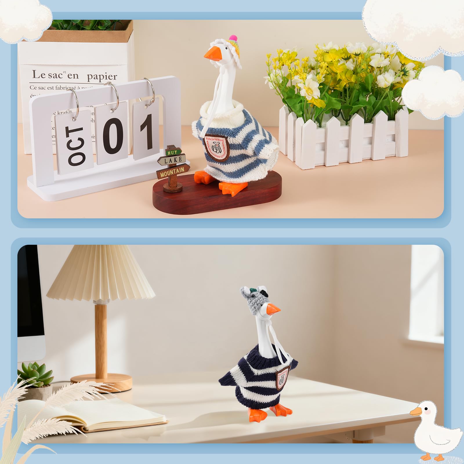 Linastu desk goose outfits: white knit sweater on 7-inch goose