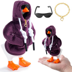 Linastu desk goose wearing purple hoodie enhances playful desk decor