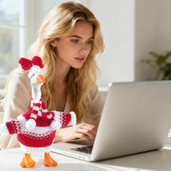 Linastu red desk-goose sweater showcased on a 7-inch statue