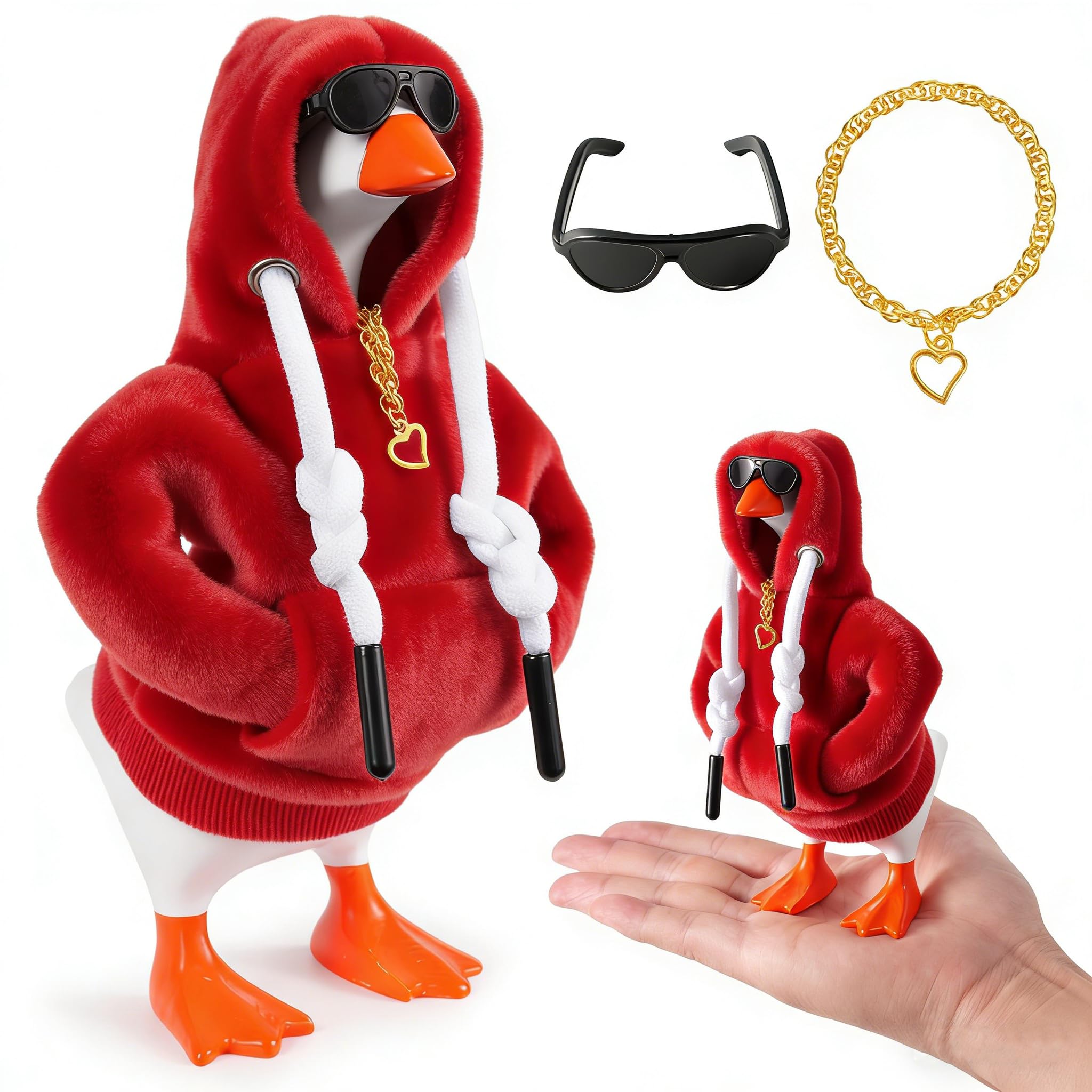 Linastu red hoodie for 7-inch desk goose adds bold warmth and style.