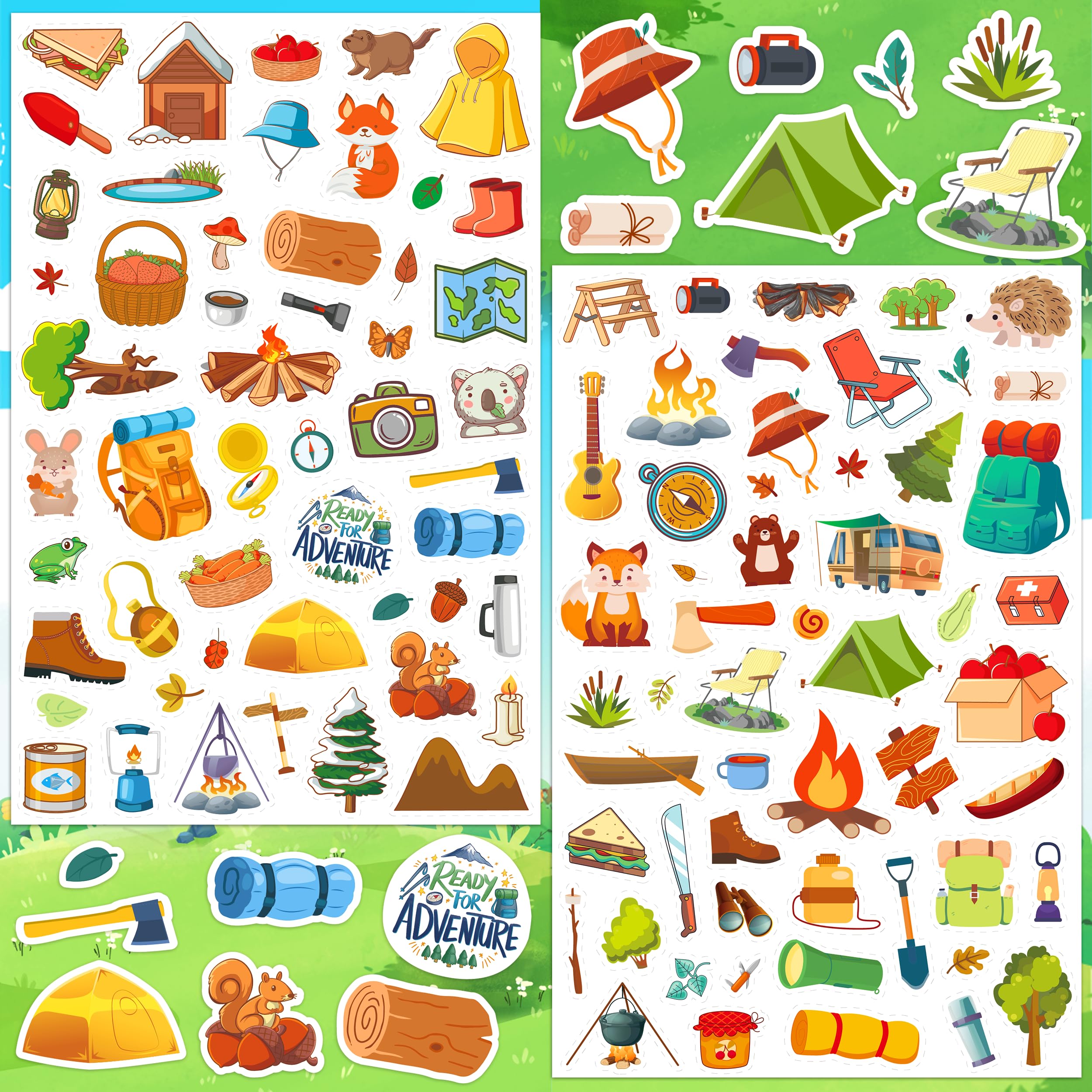 LINAYE camping stickers assortment for kids with colorful camp designs.