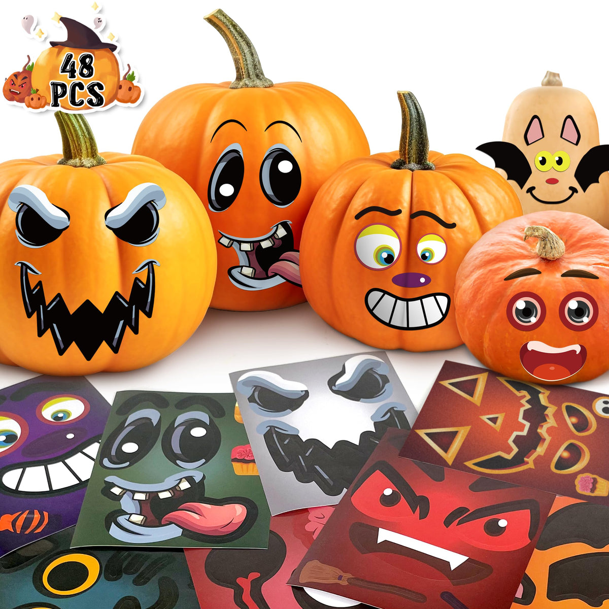 LINAYE pumpkin face stickers pack on a pumpkin, easy kid-friendly decoration for Halloween.