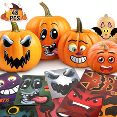 LINAYE pumpkin face stickers pack on a pumpkin, easy kid-friendly decoration for Halloween.