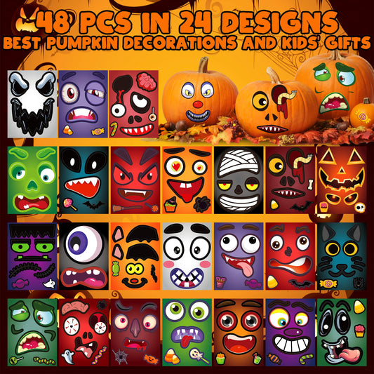 LINAYE jack-o-lantern face sticker sheet showing 6x4.5 inch design for creative pumpkins.