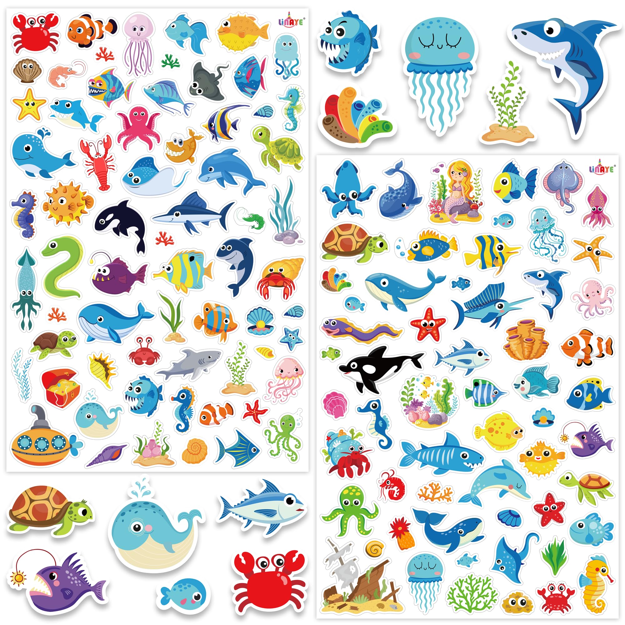 LINAYE Ocean Stickers 1480pcs set for kids, vibrant sea life graphics and designs.