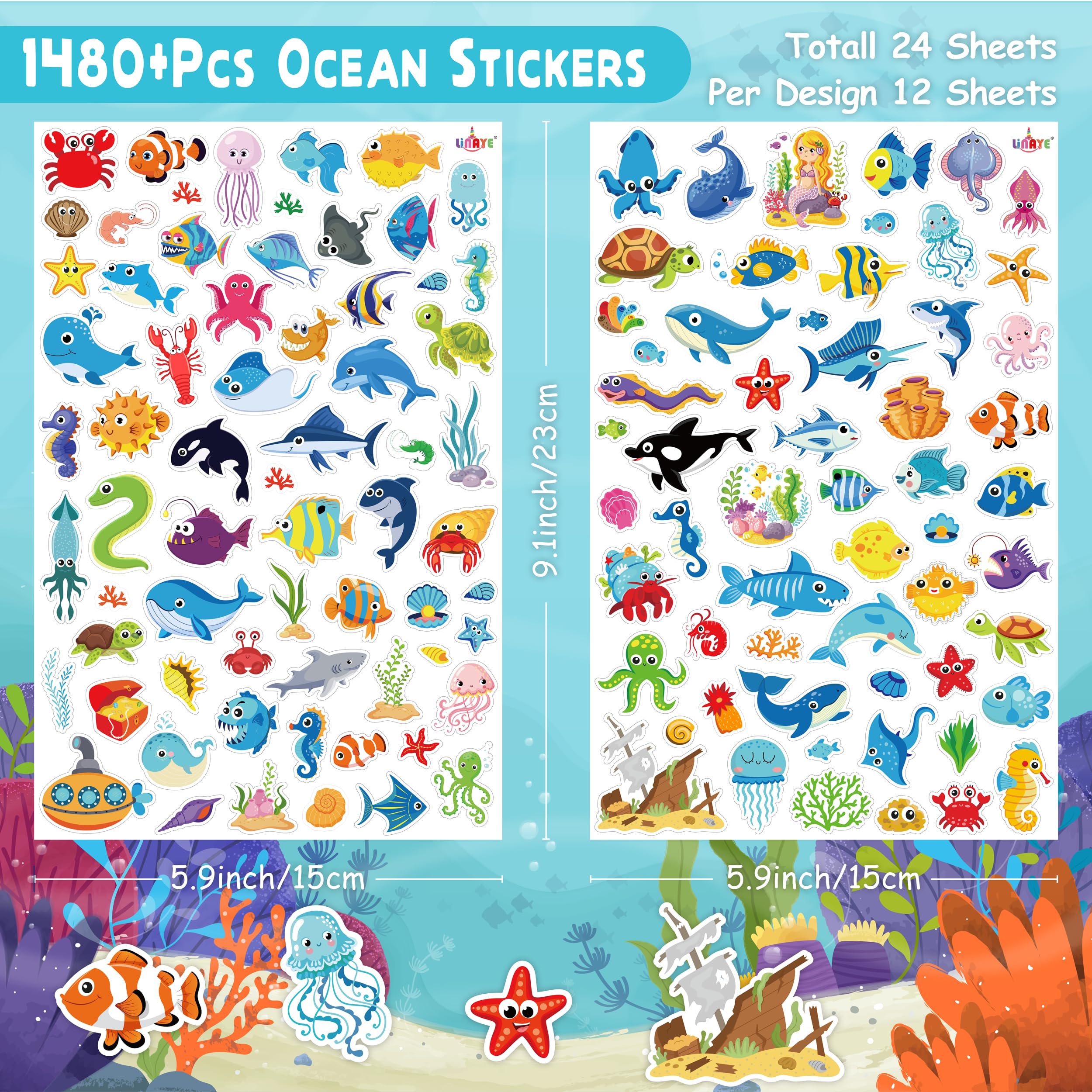 LINAYE Ocean Stickers 24 sheets for colorful ocean-themed crafts and gifts.