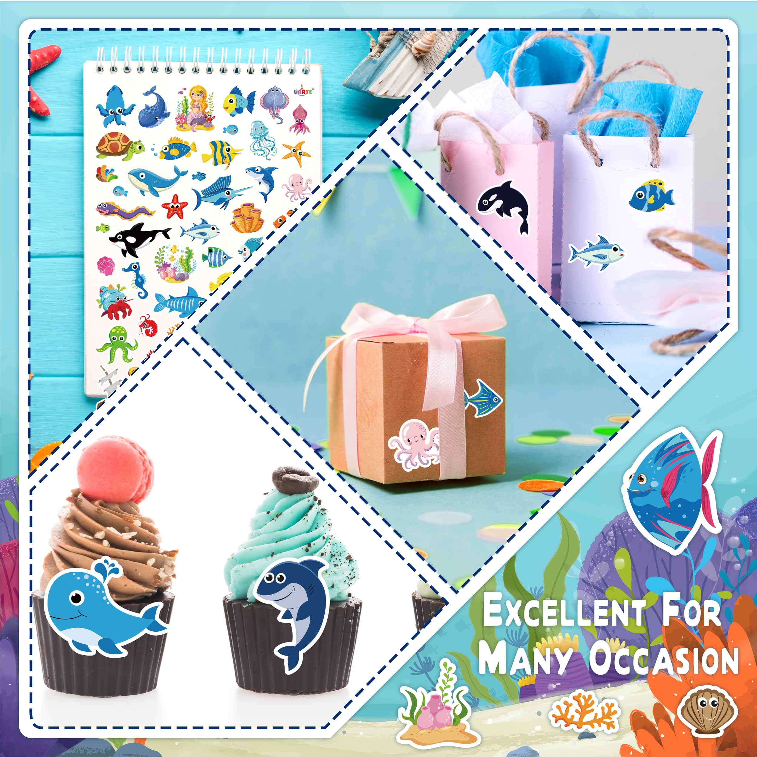 LINAYE Party Favors Ocean theme stickers for decor and invitations.
