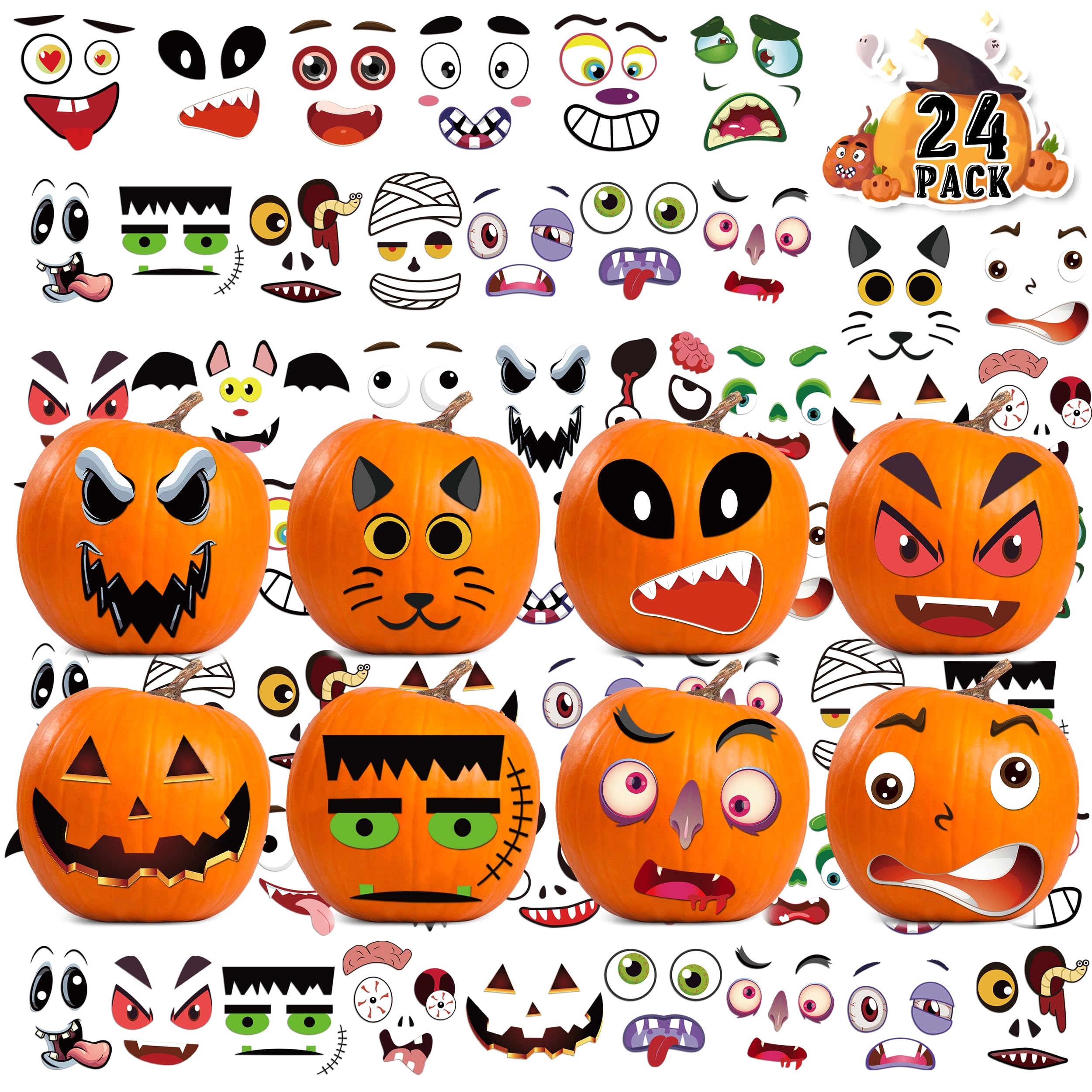 LINAYE pumpkin face stickers kit with 24 designs for kids' pumpkins