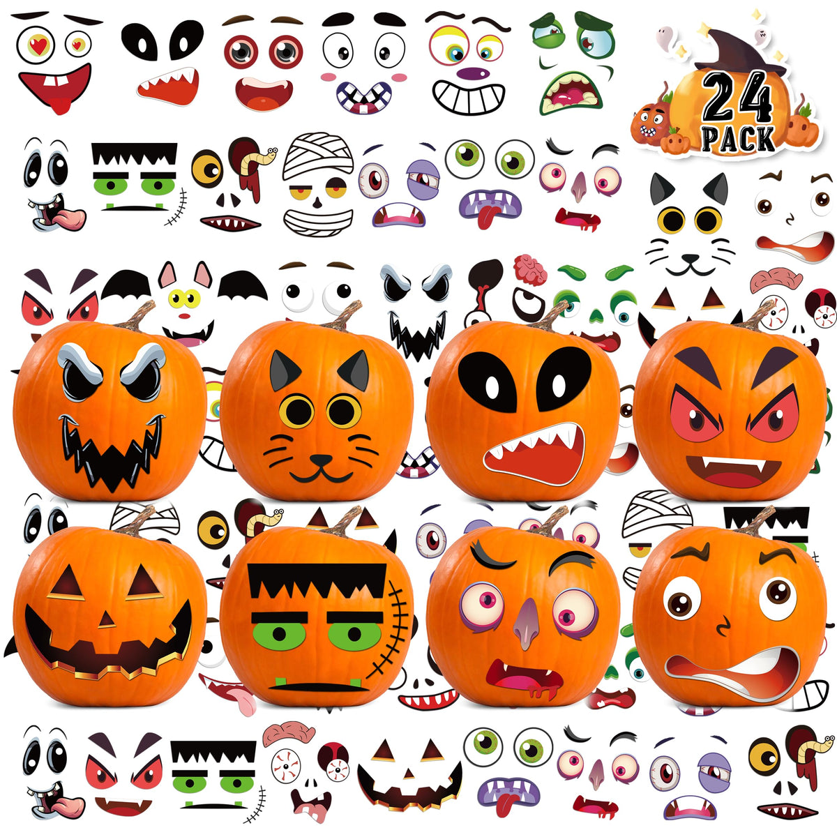 LINAYE pumpkin face stickers kit with 24 designs for kids' pumpkins