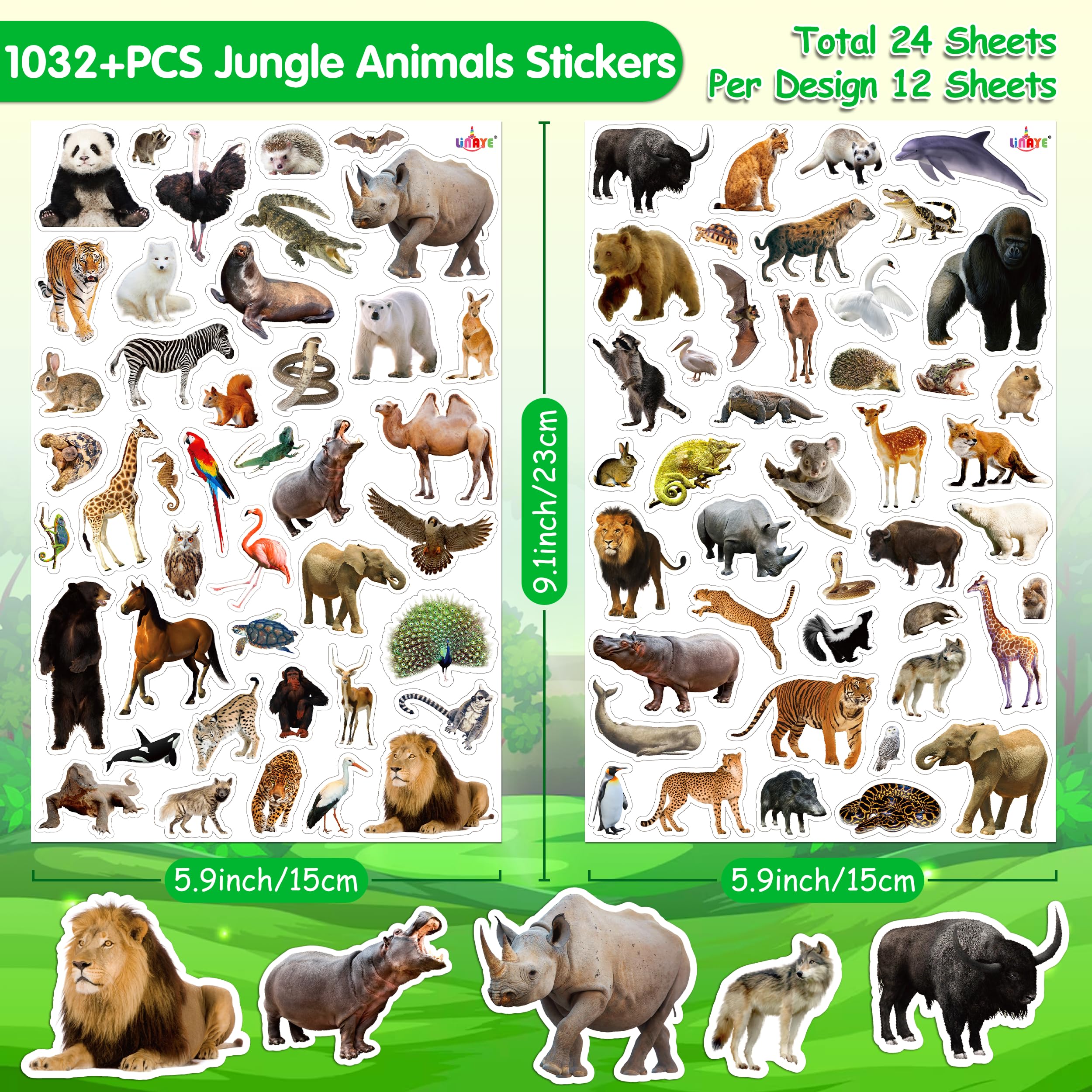 LINAYE safari stickers with panda and lion, ideal for water bottles.