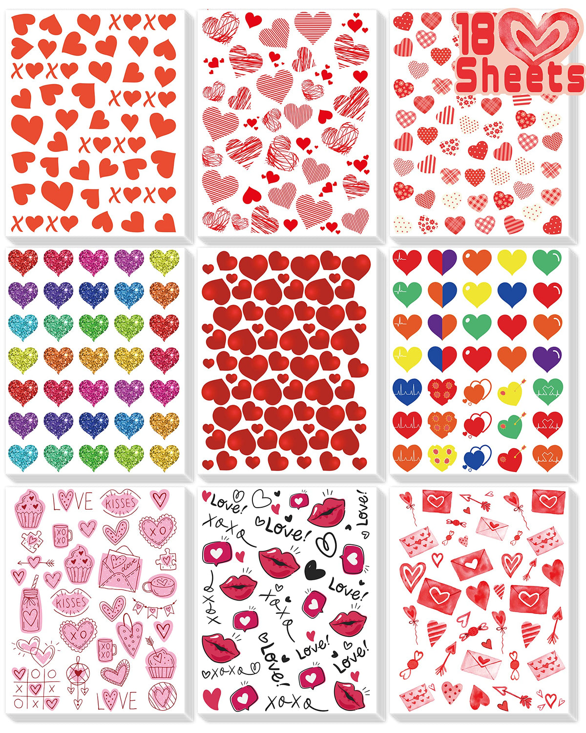 LINAYE Valentines stickers 18-sheets variety for kids crafts and cards