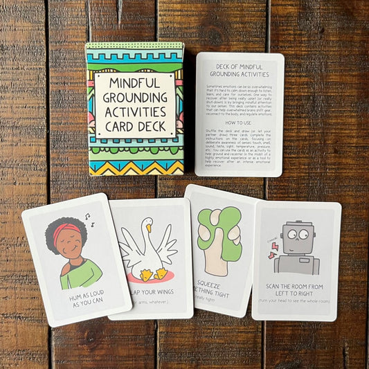 Mindful Grounding Deck 34 ideas cards spread, ready for grounding prompts in therapy or classroom settings.
