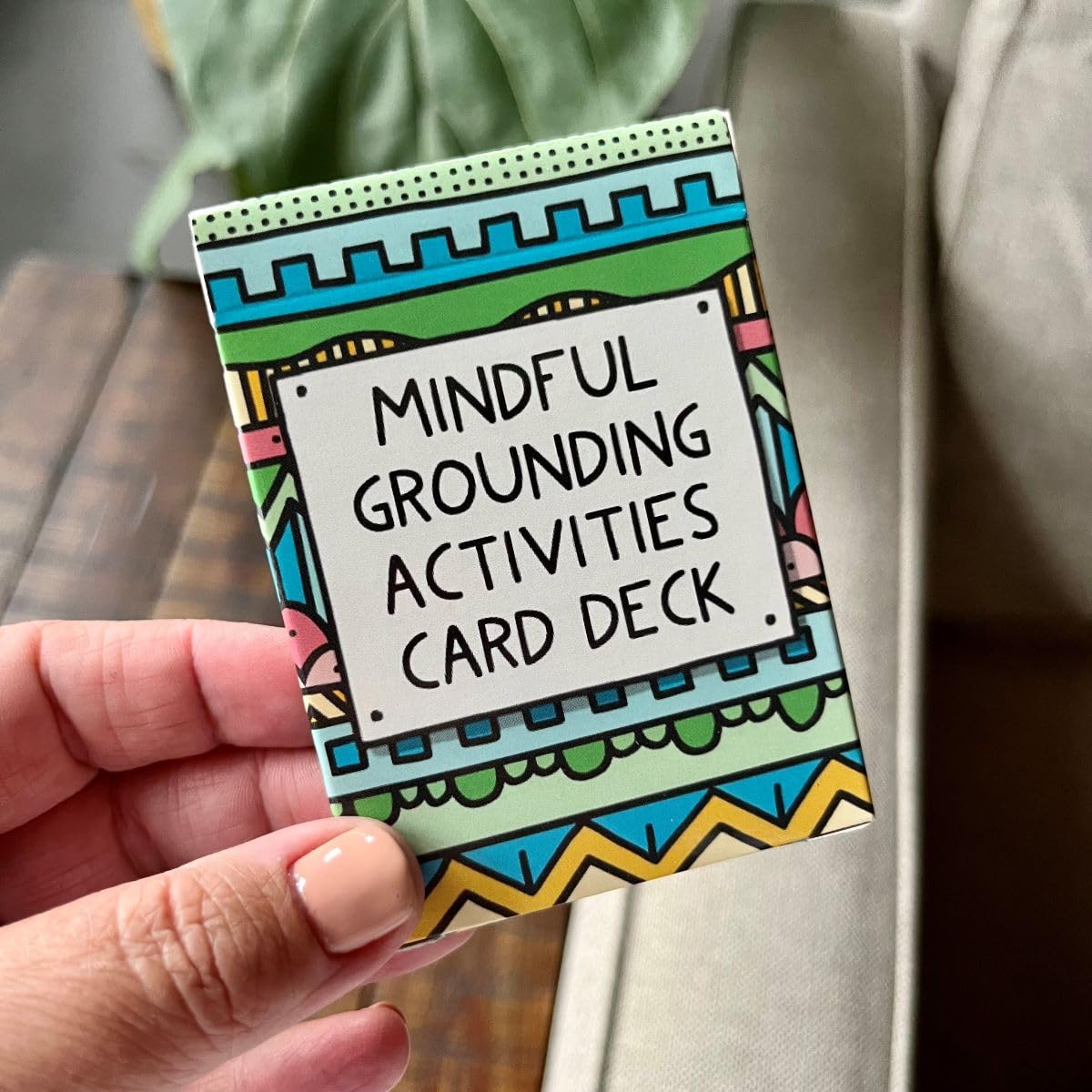 Mindful Grounding Deck card detail, durable cardstock designed for frequent use in therapy.