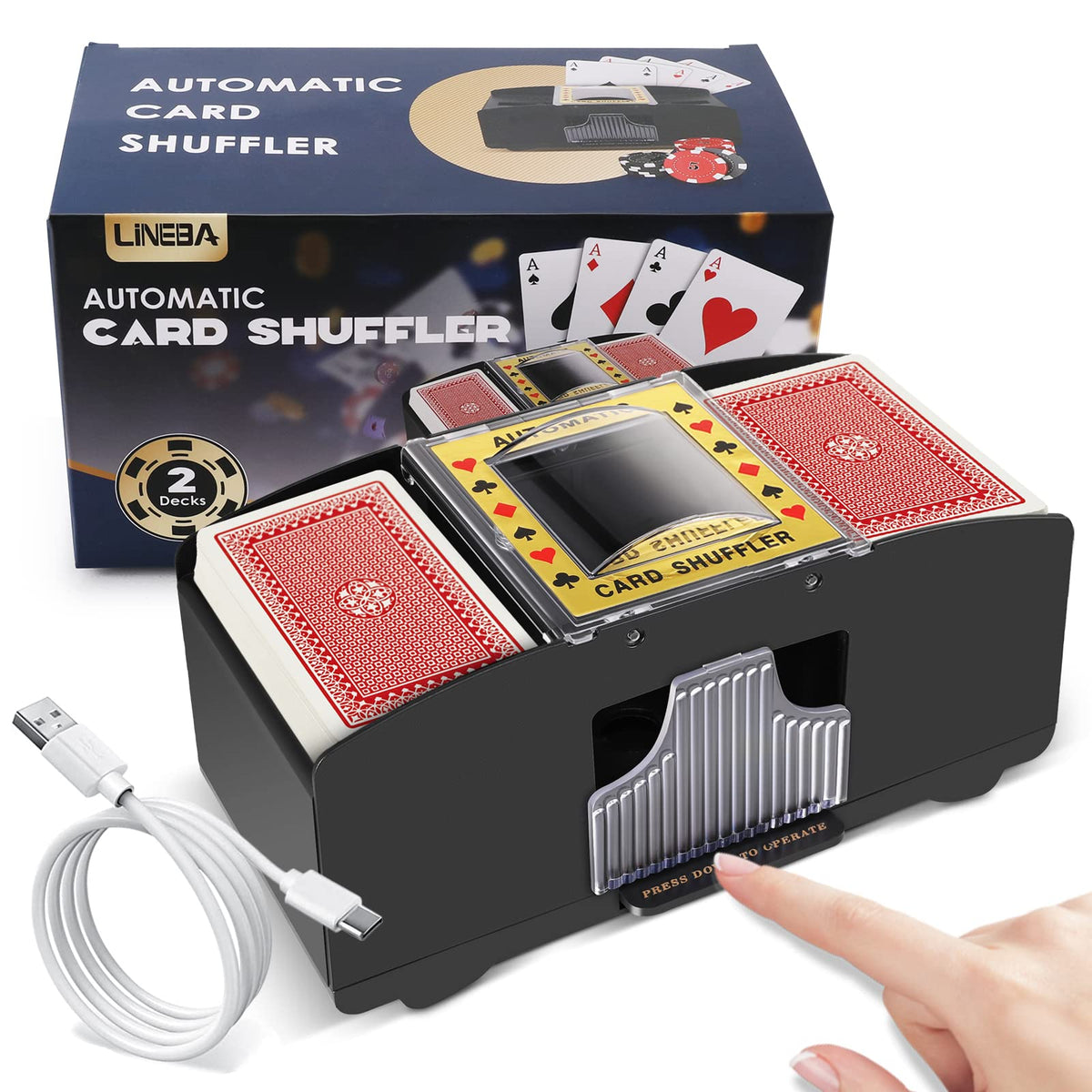 Lineba 2-deck card shuffler with USB-C power for quick shuffles.