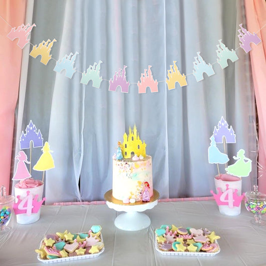 LINGANA colorful castle banner highlights castle towers for a magical birthday backdrop.
