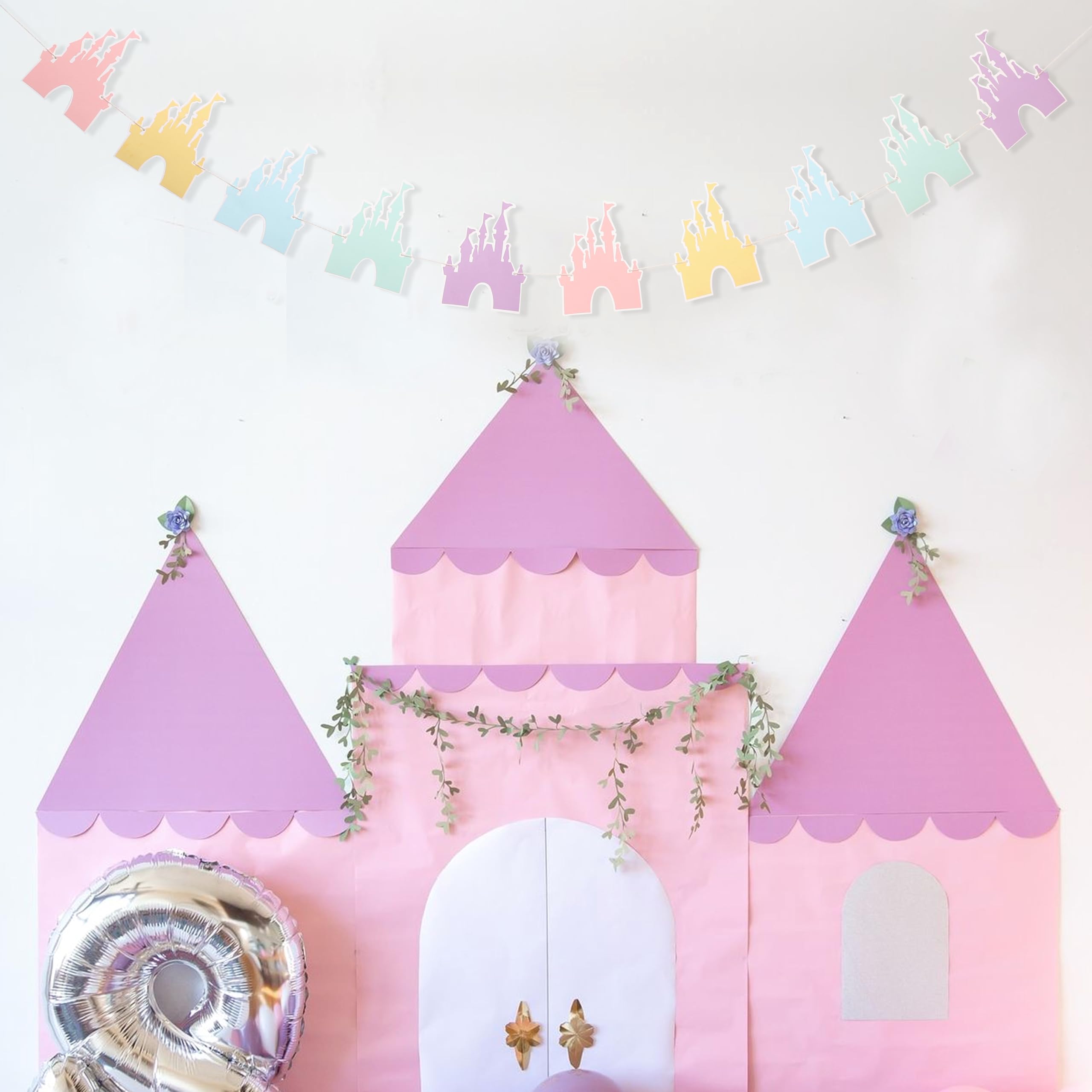 LINGANA colorful castle banner adds fluttering flags to brighten party spaces.