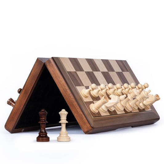 Lingle 15-inch magnetic chess board closed for travel and storage.