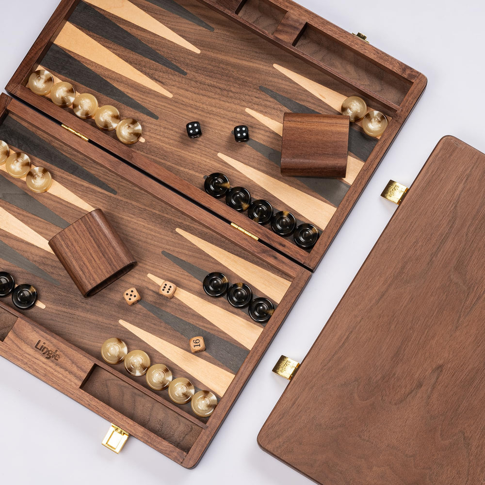 Lingle backgammon board open showing playing surface and craftsmanship.
