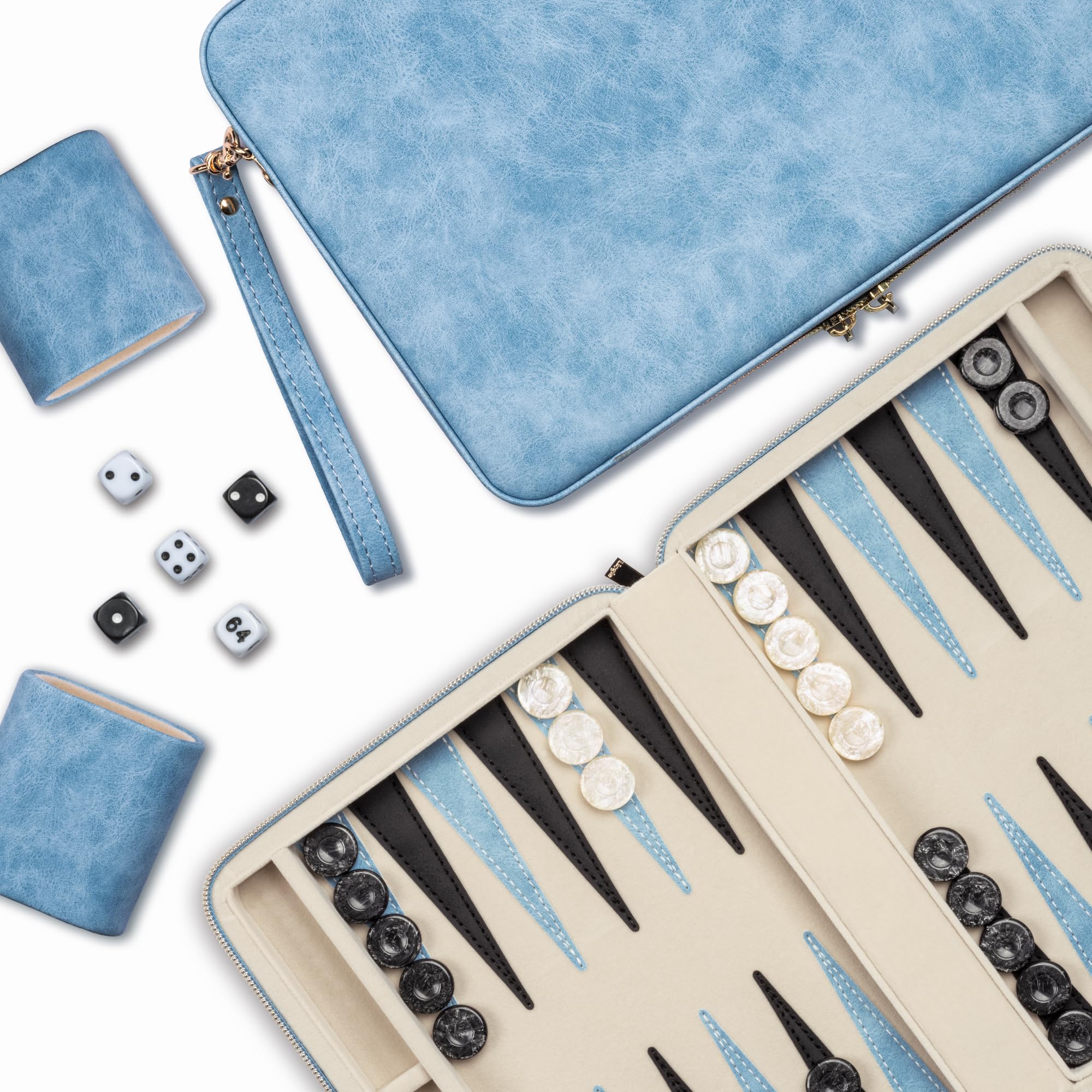Lingle backgammon folding faux leather case blue for easy travel storage
