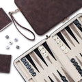 Lingle backgammon set with folding faux leather case for portable play