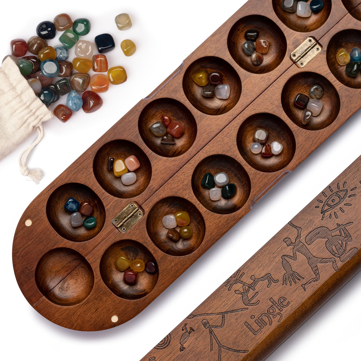 Lingle Deluxe Mancala board folded for easy travel and storage.