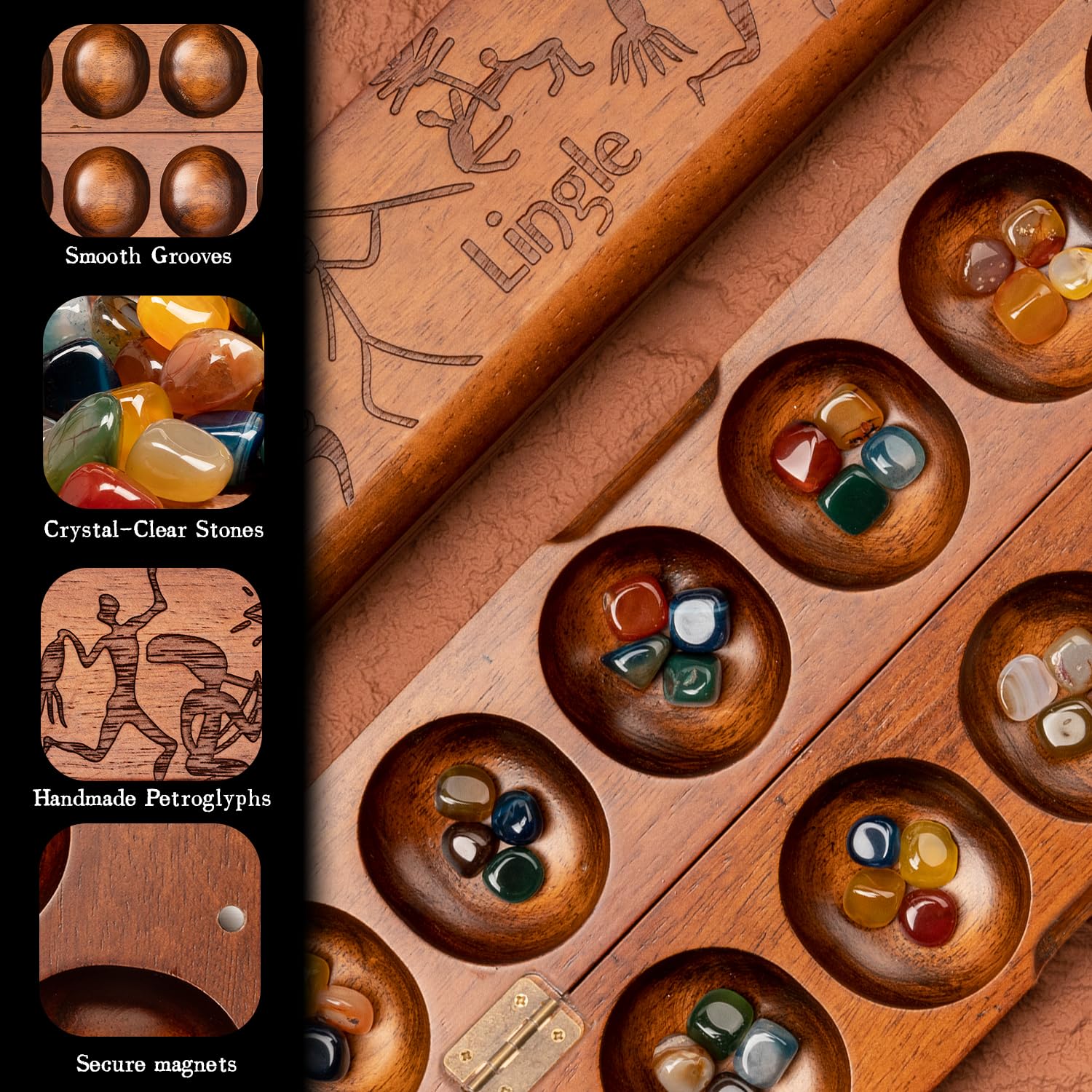 Close-up of the real wood hinge on the Lingle Mancala board.