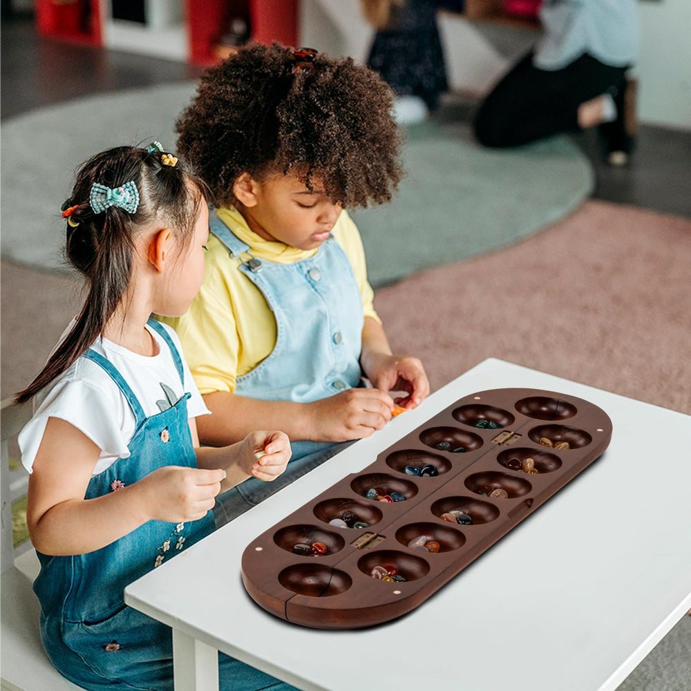 Premium wood material with warm grain in the Lingle Mancala board.